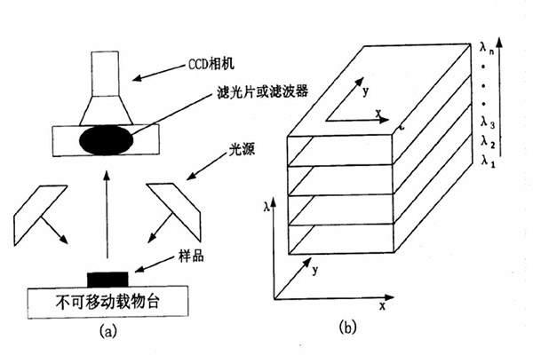 基于濾波器或濾波片的高光譜圖像系統(tǒng)圖和此系統(tǒng)下獲得的圖像數據示意圖